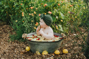 Strawberry and lemon fruit bath to celebrate Evie's first birthday in Hillsboro, Oregon.