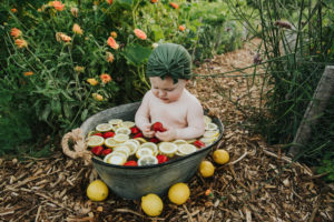 Strawberry and lemon fruit bath to celebrate Evie's first birthday in Hillsboro, Oregon.