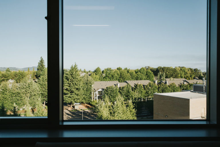 Looking at the window at the view from the hospital room at Kaiser Westside in Hillsboro, Oregon.