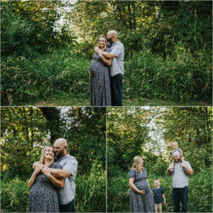 Series of 3 photos with a pregnant mom being snuggled from behind by her male husband during her maternity session in Yamhill, Oregon