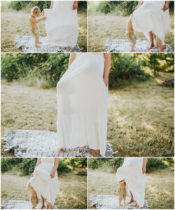 Series of 5 photos with 2 little boys trying to hide underneath their mom's white dress during her maternity session in Yamhill, Oregon