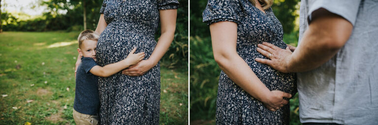 Zoom on a floral dress covered bump, 1 being hug by a little boy, 2 being touched by her partner during a maternity session in Yamhill Oregon