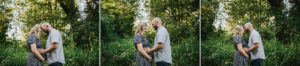 A series of 3 photos in which a pregnant mom and her male partner are facing each other and snuggling during her summer maternity session in Yamhill, Oregon