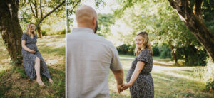 Two photos, on the left a pregnant mom holds her bump and leans against a tree, on the right she holds hands with her husband and looks towards him during her maternity session in Yamhill, Oregon