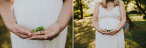 2 photos of a pregnant mom holding a few white flowers, on the left is a zoomed copy